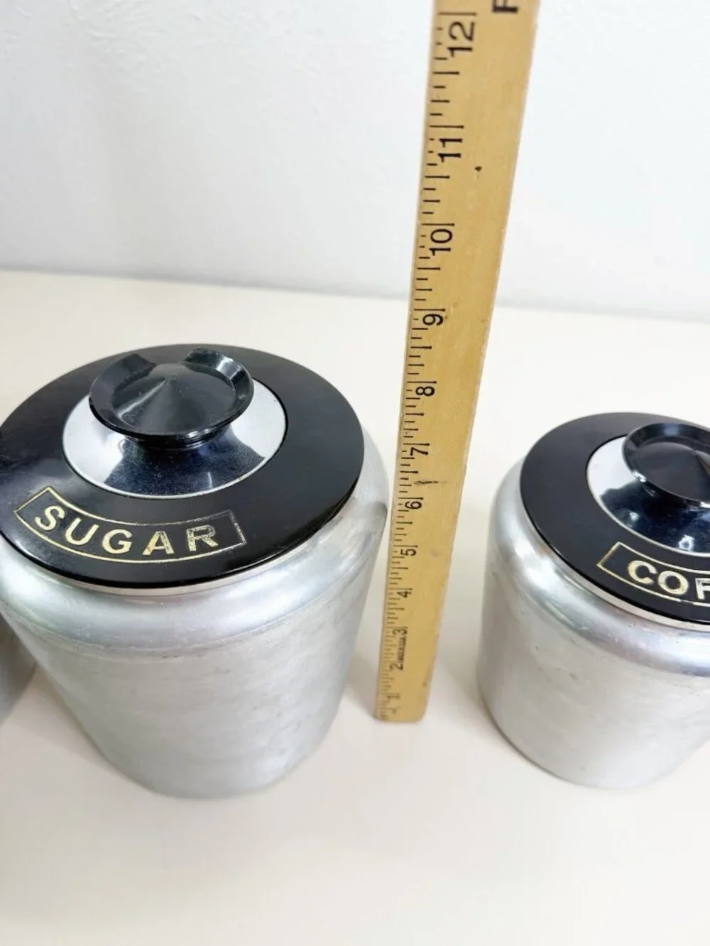 Vintage Kromex Aluminum Canister Set of 4 Flour Sugar Coffee Tea Black Lids EUC
